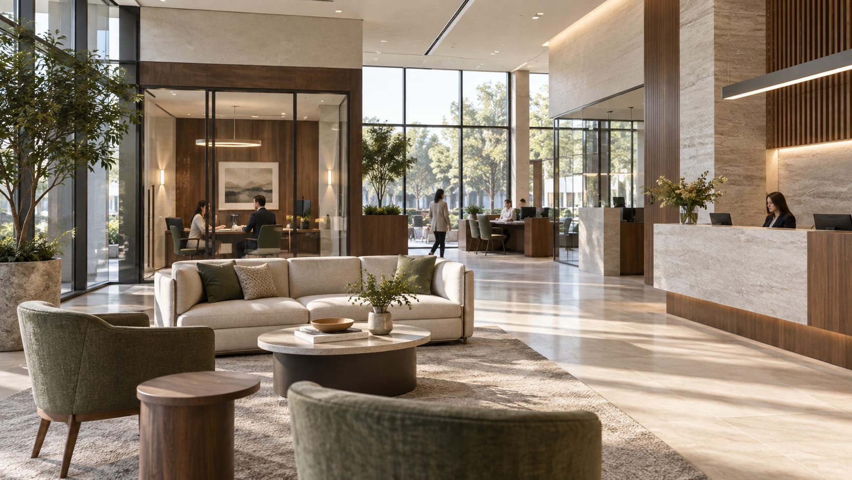 Illustrative modern banking lounge with natural materials