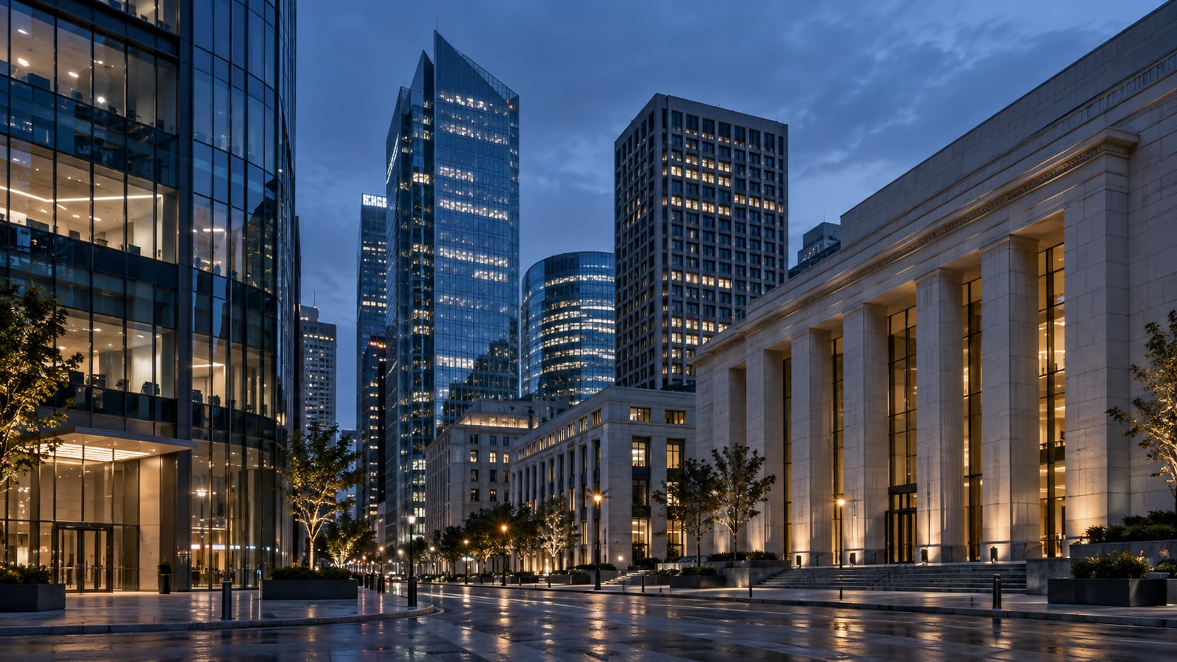 Illustrative international financial district with contemporary office buildings