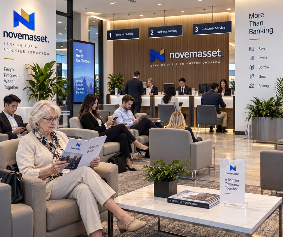 An illustrative novemasset branch lobby with staff and customers