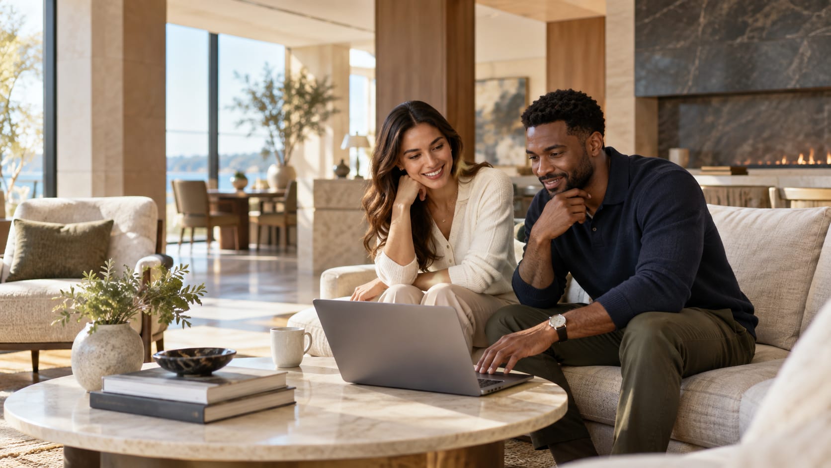 Two people working together on a laptop in a bright contemporary lounge