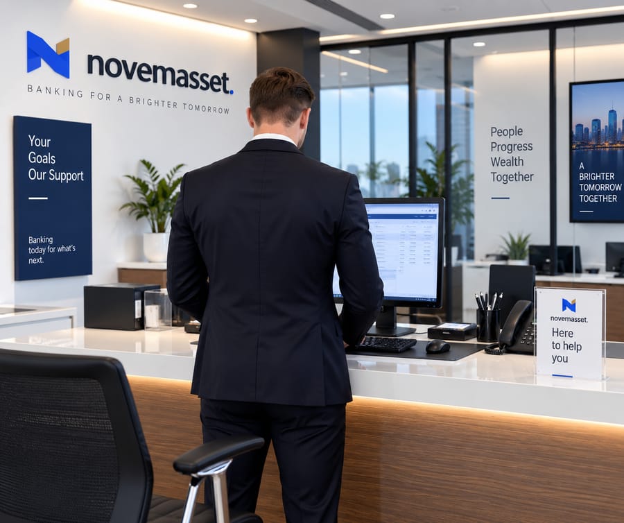 A novemasset staff member, seen from behind, at a teller desk